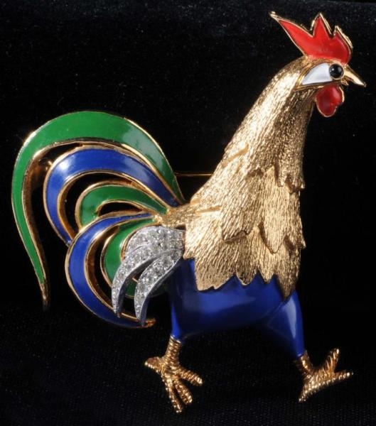 SIGNED JOMAZ ENAMELED ROOSTER PIN.                
