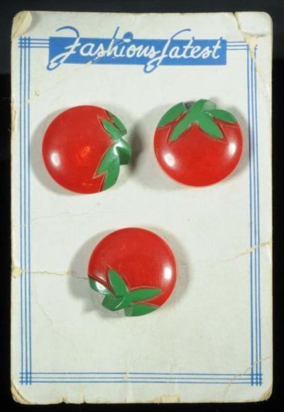 LOT OF 3: BAKELITE TOMATO BUTTONS ON ORIGINAL CARD