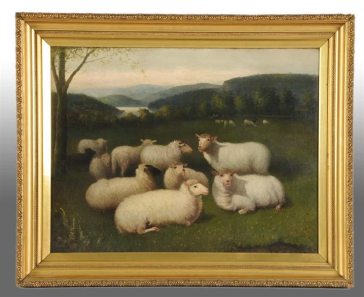 SHEEP IN PASTURE OIL PAINTING BY JONES.           