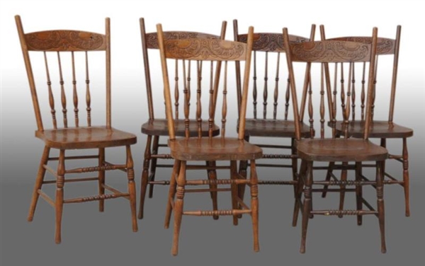 LOT OF 6: OAK PRESSED BACK SPINDLE CHAIRS.        