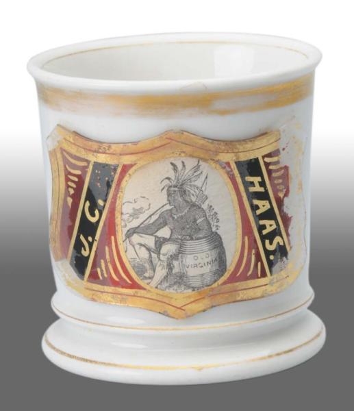 SHAVING MUG WITH INDIAN REVERSE-ON-GLASS LABEL.   