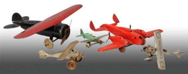 LOT OF 5: CAST IRON & PRESSED STEEL AIRPLANE TOYS.
