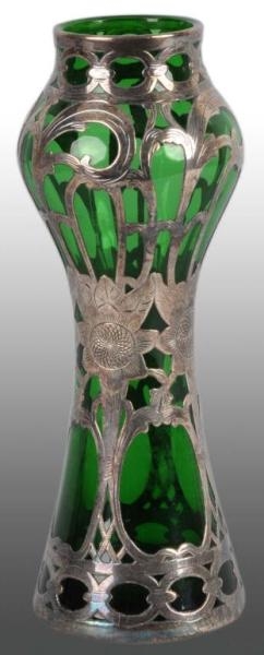 GREEN ART GLASS VASE WITH SILVER OVERLAY.         