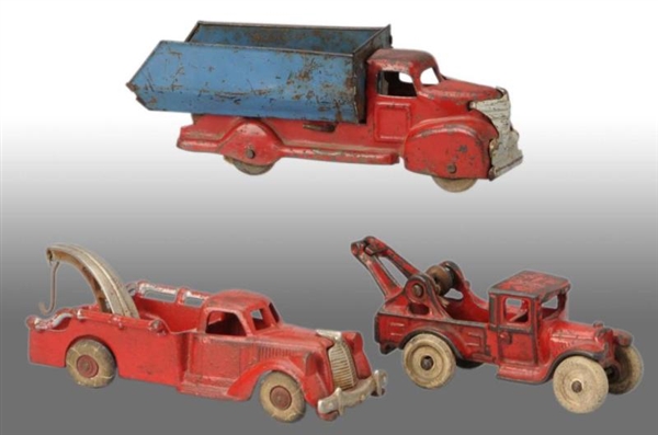 LOT OF 3: CAST IRON & PRESSED STEEL VEHICLE TOYS. 