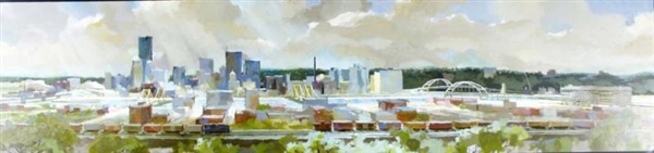 OIL ON BOARD PITTSBURGH SKY LINE BY YOUNGBLOOD.   