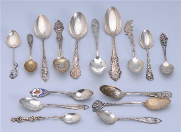 LOT OF 16: STERLING SILVER SOUVENIR SPOONS.       