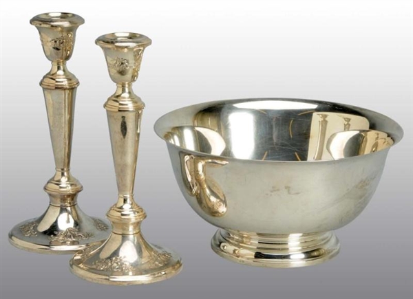 LOT OF AMERICAN SILVER REVERE BOWL & CANDLESTICKS 