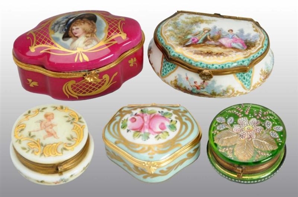 LOT OF 5: ENAMEL & PAINTED LIDDED BOXES.          