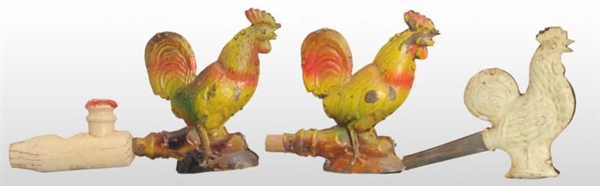LOT OF 3: TIN ROOSTER WHISTLE TOYS.               