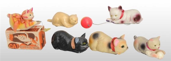 LOT OF 6: CELLULOID CAT WIND-UP  & FRICTION TOYS. 