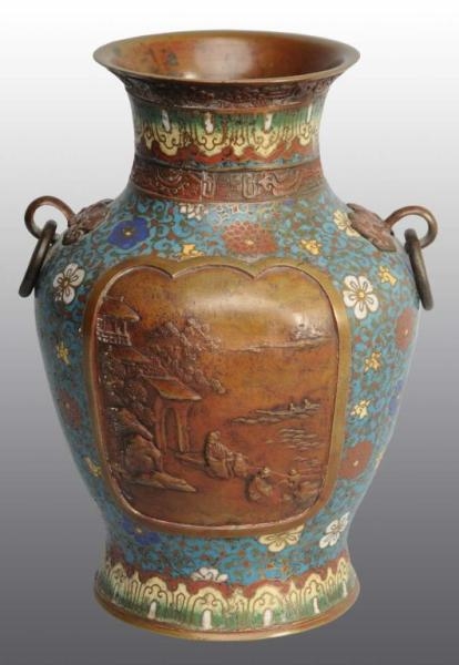 COPPER CLOISONNE CHINESE VASE WITH HANDLES.       