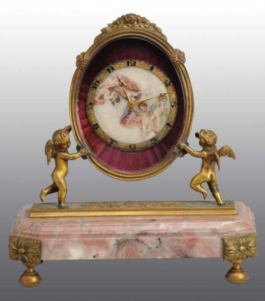 MARBLE SWISS CLOCK WITH PAINTED CHERUB DIAL.      
