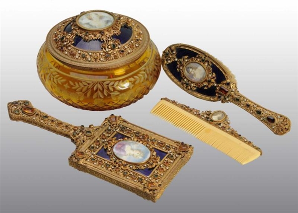 HEAVILY JEWELED 4-PIECE VICTORIAN VANITY SET.     