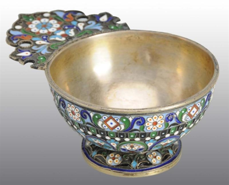 SILVER & ENAMEL BOWL WITH HANDLE.                 
