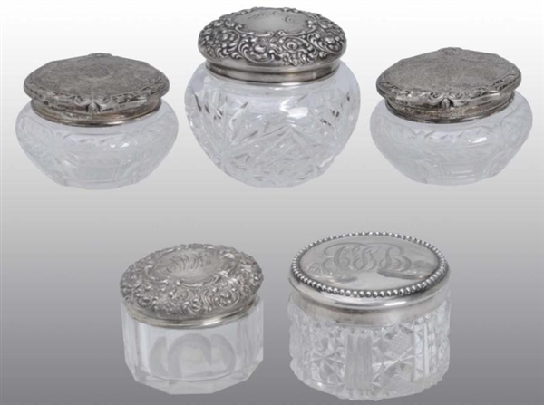 LOT OF 5: STERLING CUT GLASS LIDDED JARS.         