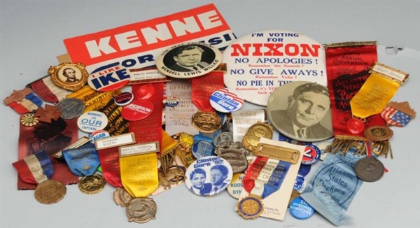 LOT OF ASSORTED POLITICA BUTTONS & RIBBONS.       