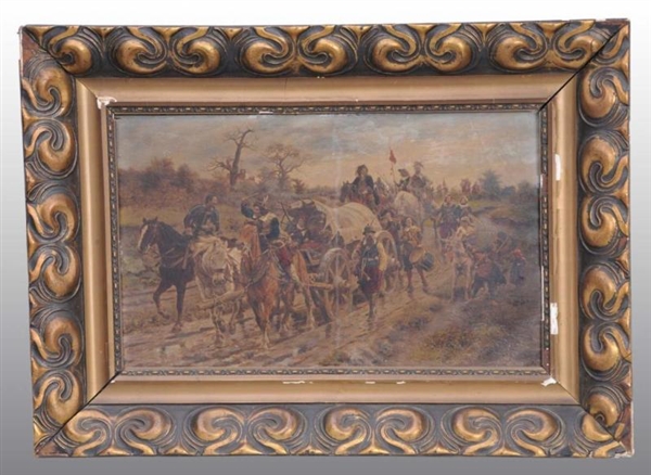 OIL PAINTING ON BOARD OF EARLY SOLDIER & WEAPONS. 