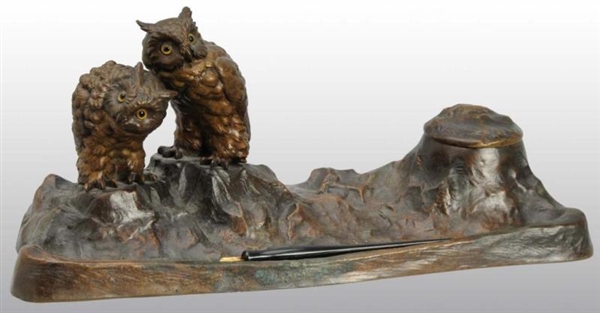 BRONZE DESK INKWELL WITH OWLS.                    