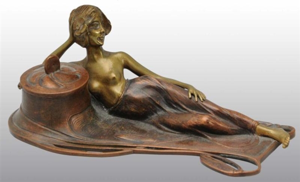 BRONZE INKWELL WITH ART NOUVEAU LADY RECLINING.   