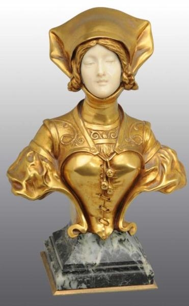DOVE BRONZE OF LADY WITH IVORY FACE ON PEDESTAL.  