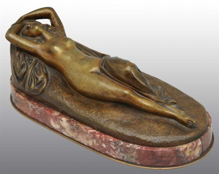 BRONZE RECLINING NUDE ON MARBLE BASE.             