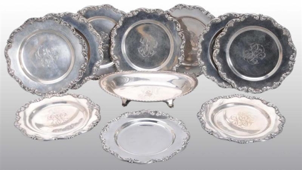 SET OF 10 SILVER BUTTER PLATES & 1 OVAL TRAY.     