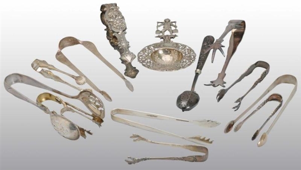 LOT OF SILVER TONGS & TEA PIECES.                 