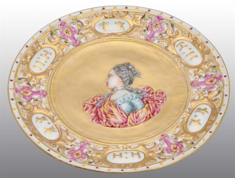 CAPI-DE-MONTE GILDED PLATE FEATURING LADY.        