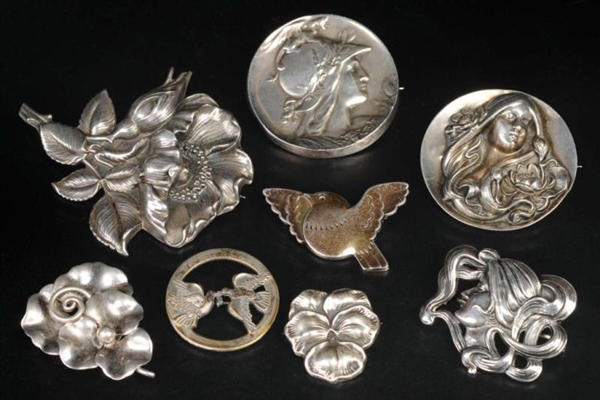 LOT OF 8: ANTIQUE JEWELRY STERLING SILVER PINS.   