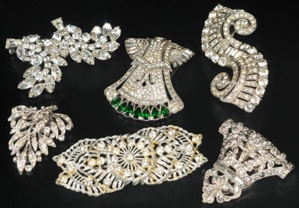 LOT OF 6: ANTIQUE JEWELRY RHINESTONE PINS & CLIPS.