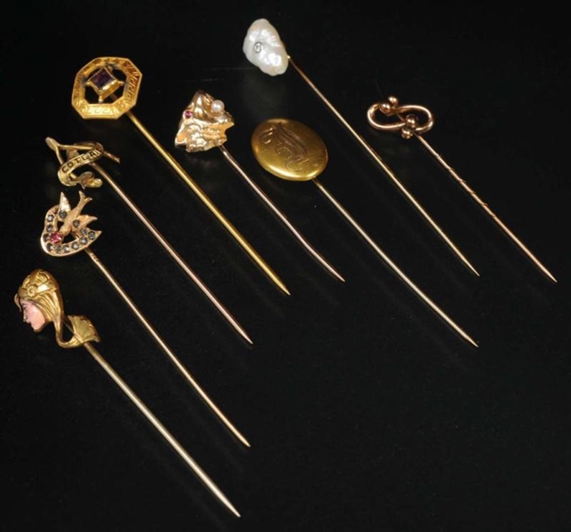 LOT OF 8: ANTIQUE JEWELRY STICK PINS.             