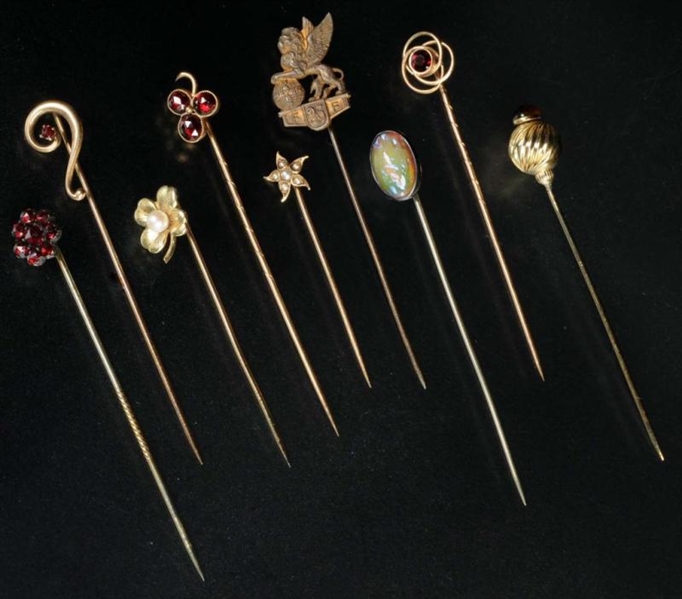 LOT OF 9: ANTIQUE JEWELRY STICK PINS.             
