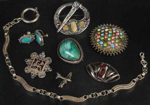 LOT OF 9: ANTIQUE JEWELRY SILVER PIECES.          