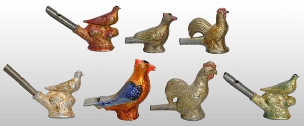 LOT OF 7: DIE-CAST BIRD & ROOSTER WHISTLE TOYS.   