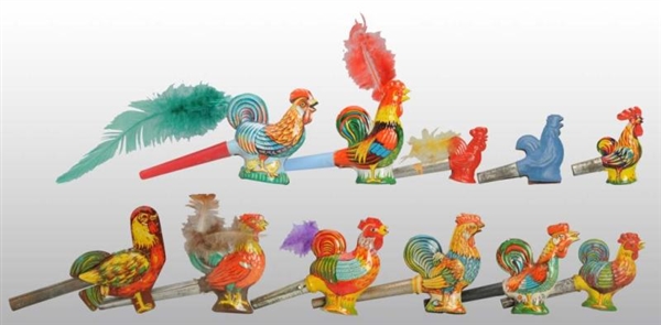 LOT OF 11: TIN LITHO ROOSTER WHISTLE TOYS.        