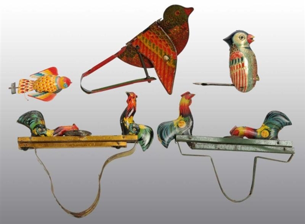 LOT OF 5: TIN BIRD & ROOSTER TOYS.                