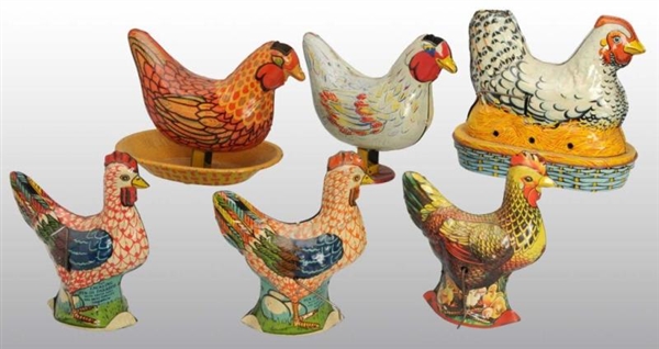 LOT OF 6: TIN LITHO ROOSTER TOYS.                 