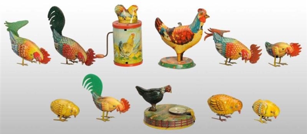 LOT OF 11: TIN LITHO ROOSTER & CHICK TOYS.        