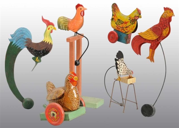 LOT OF 6: TIN & WOODEN ROOSTER TOYS.              
