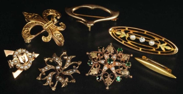 LOT OF 7: ANTIQUE JEWELRY 14K GOLD PINS.          