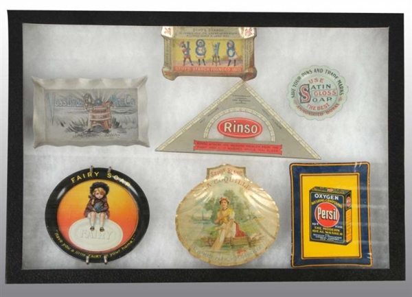 LOT OF 7: SOAP RELATED ADVERTISING TIN ITEMS.     