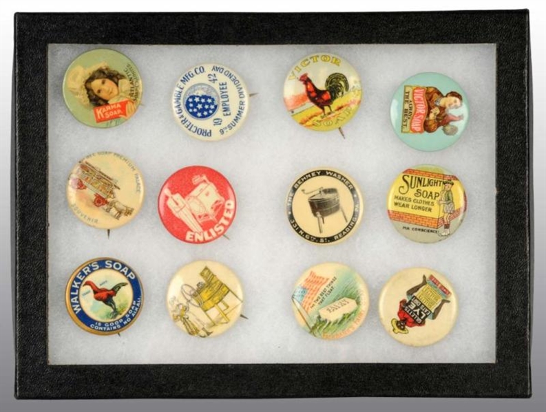 LOT OF 12: SOAP ADVERTISING PINS.                 
