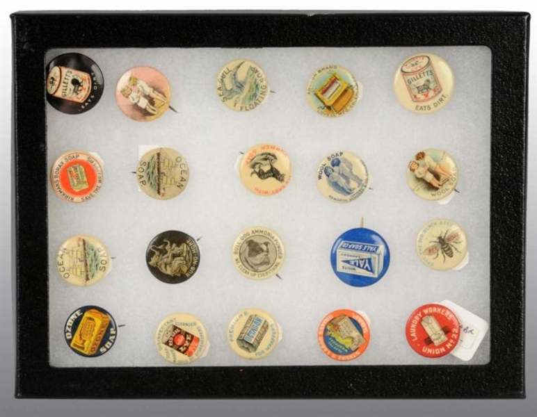 LOT OF 20: SMALL SOAP ADVERTISING PINS.           