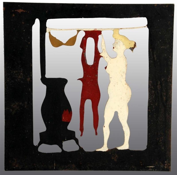 EARLY METAL DIE-CUT OF NUDE WOMAN DOING LAUNDRY.  