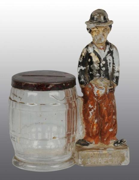 GLASS CHARLIE CHAPLIN STILL BANK CANDY CONTAINER. 