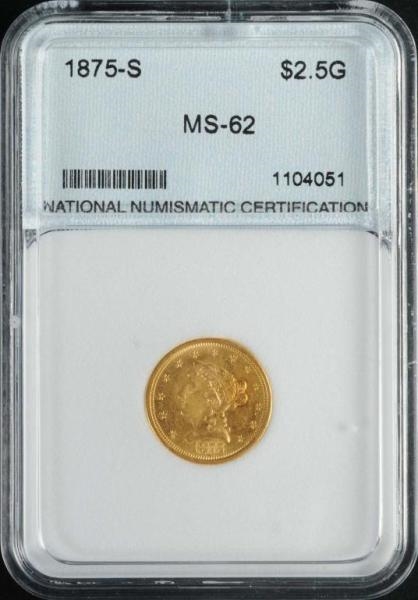 1875-S CORONET GOLD EAGLE $2 ½ MS 62.             