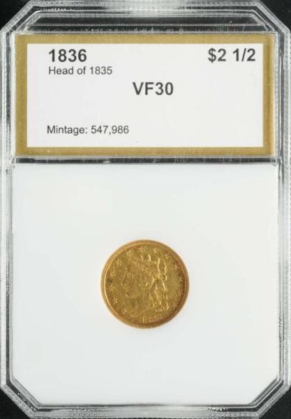1836 CLASSIC HEAD QUARTER EAGLE GOLD $2 ½ VF 30.  