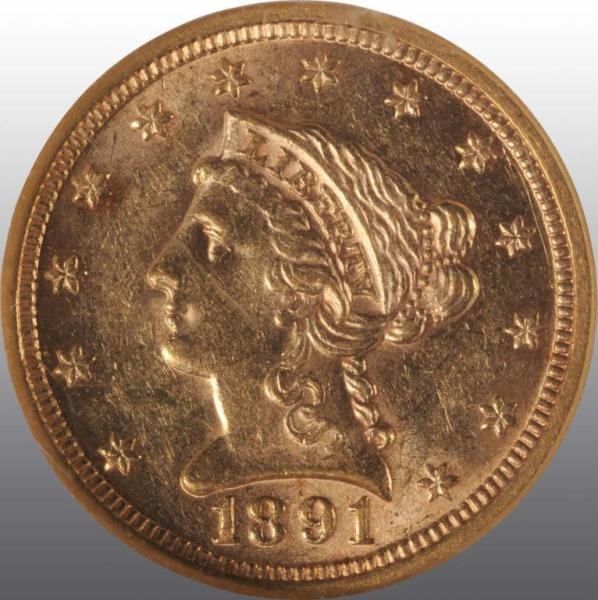 1891 CORONET GOLD EAGLE $2 ½ AU 58.               