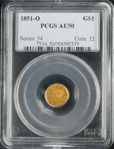 1851-O CORONET GOLD $1 AU 50.                     