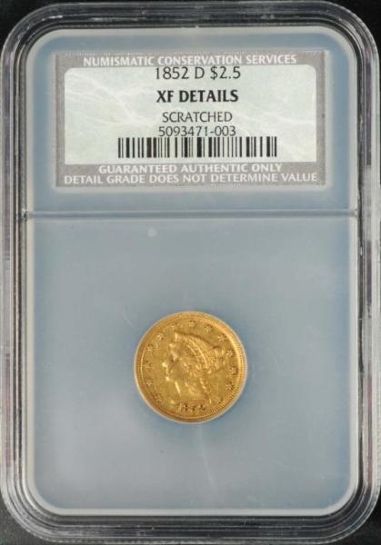 1852-D CORONET GOLD EAGLE $2 ½ XF.                